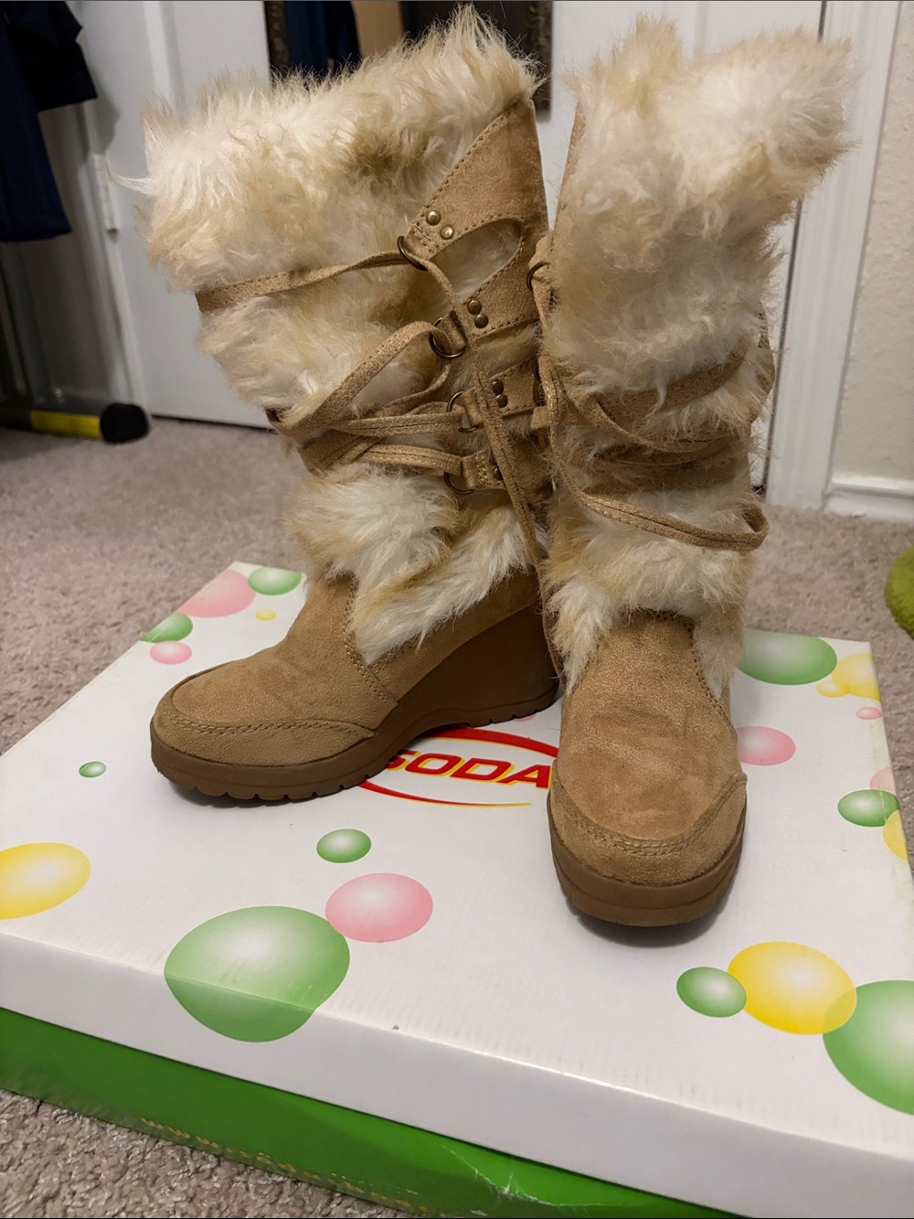 Soda Tan Faux-Suede Wedge Boots with Cream Faux-Fur Trim